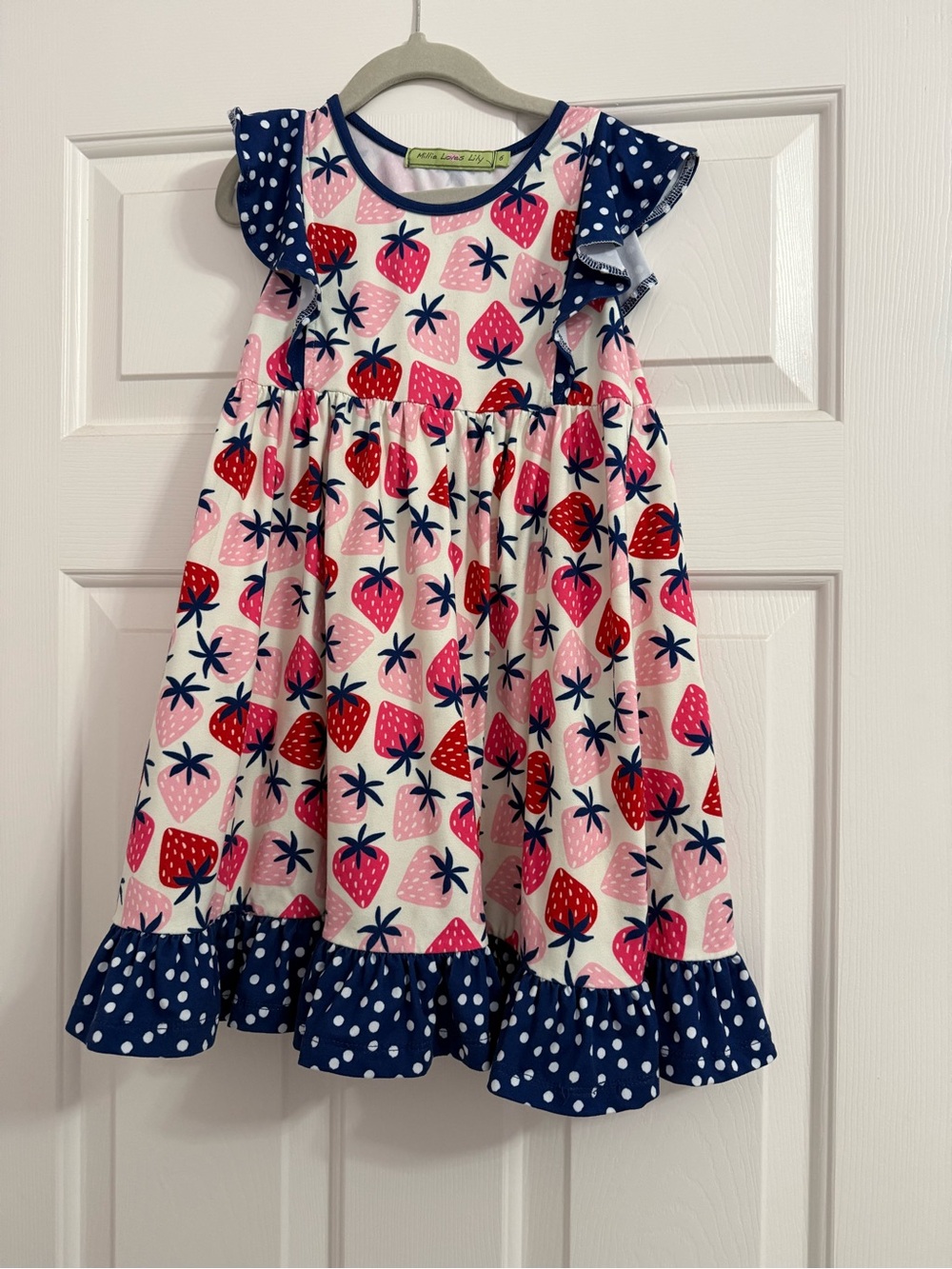 Girls' Pink Strawberry Print Dress with Navy Polka Dot Trim